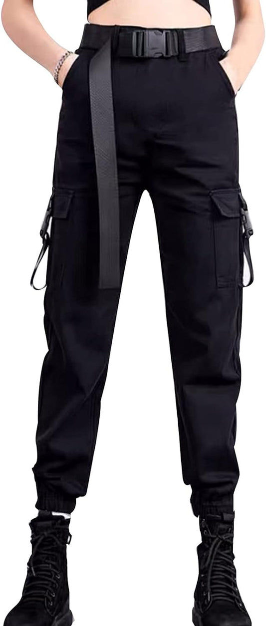 High Waisted Cargo Pants for Women Casual Loose Harem Cargo Pants Streetwear Trousers Jogger Pant with Belt (Black, XXL)
