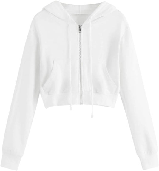 Cofeemo Crop Tops Hoodies for Women Teen Girls Casual Zip up Long Sleeve Sweatshirt (A-White,M)
