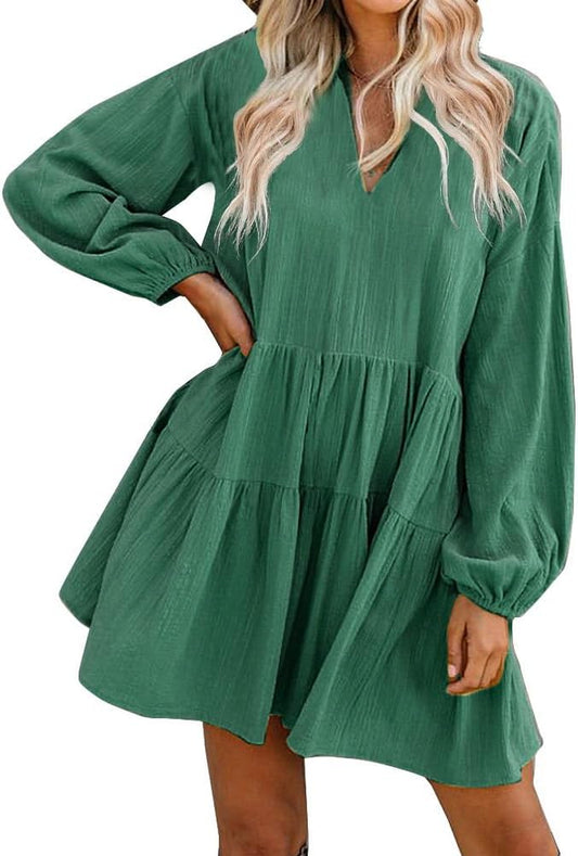 Cute Shift Tunic Dress for Women Ruffle Swing Babydoll Mini Long Sleevee Dress with Pockets